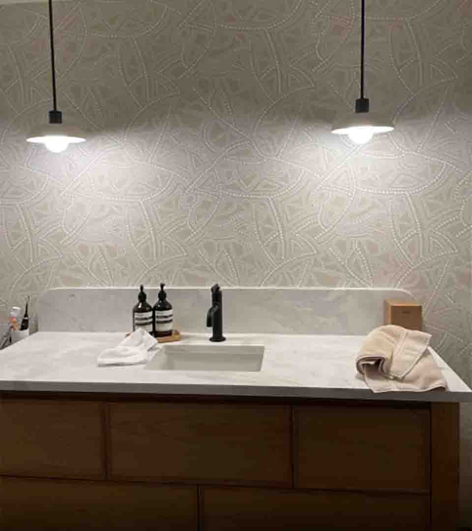 Bathroom vinyl wallpaper installation with proper wall preparation, Centennial, Colorado