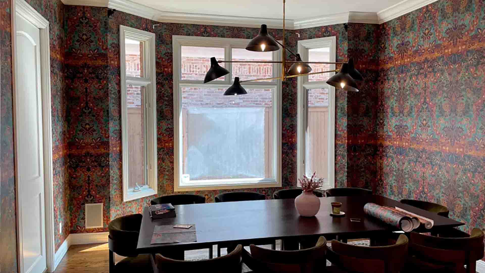 Custom wallpaper installation in a dining room with a bay window, Boulder, Colorado