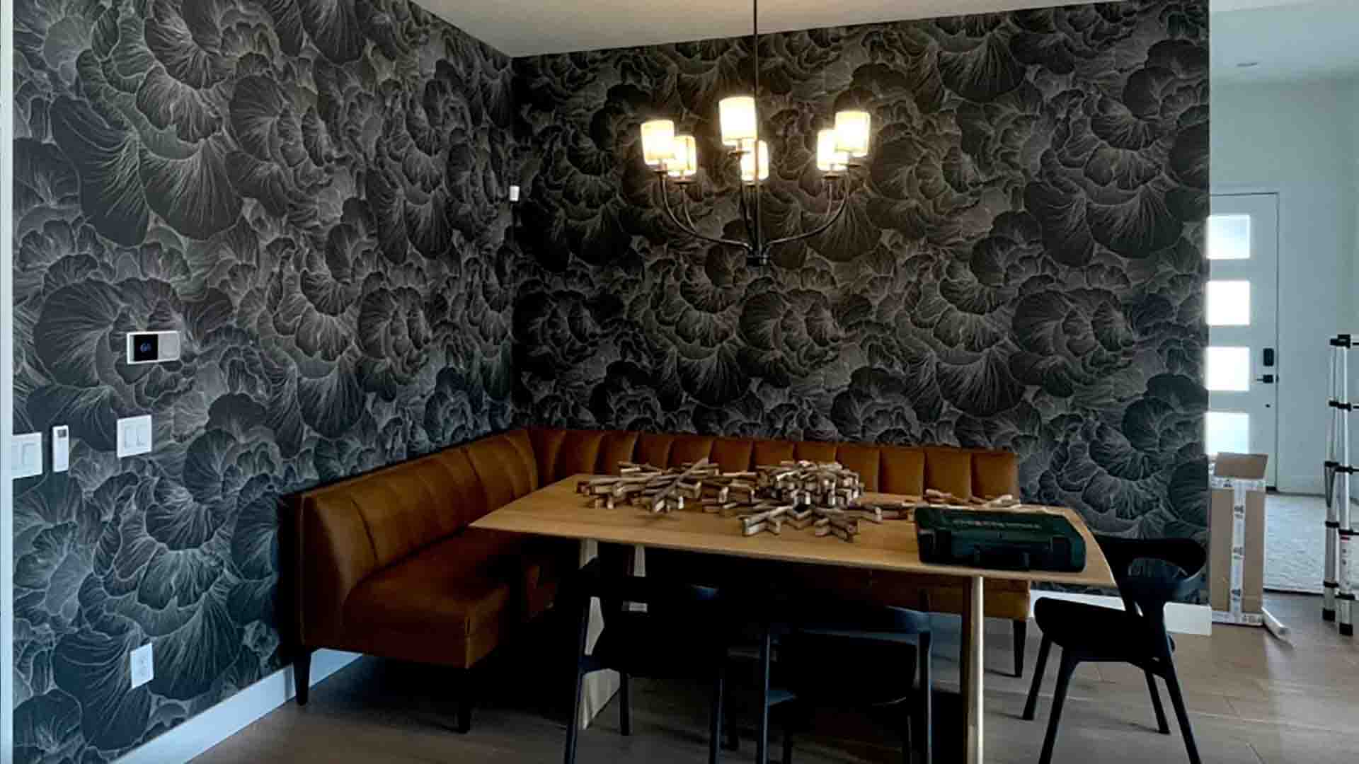 Dining area wallpaper installation with precise alignment, Aurora, Colorado