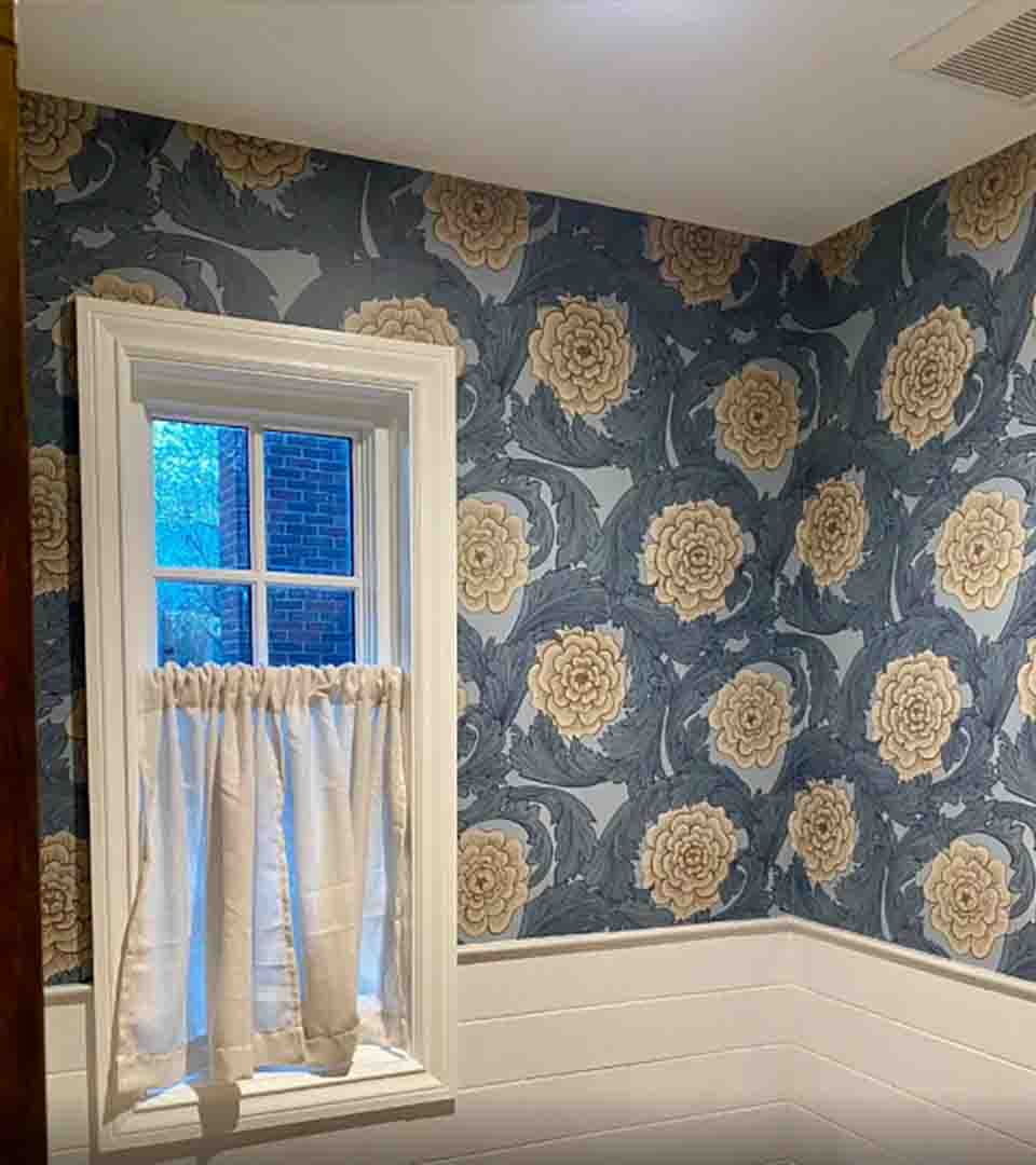 Moisture-resistant vinyl wallpaper installation in a bathroom, Greenwood Village, Colorado