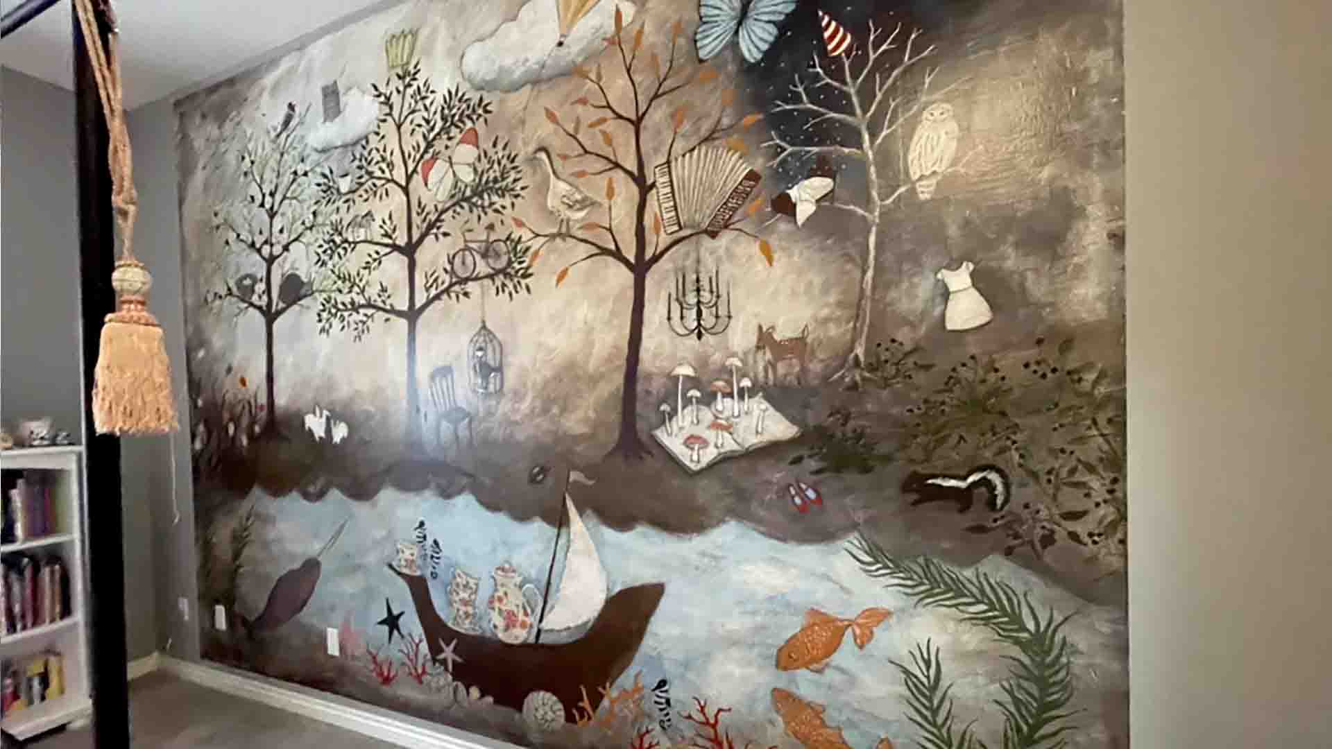 Mural wallpaper accent wall in a kids’ room, Lakewood, Colorado