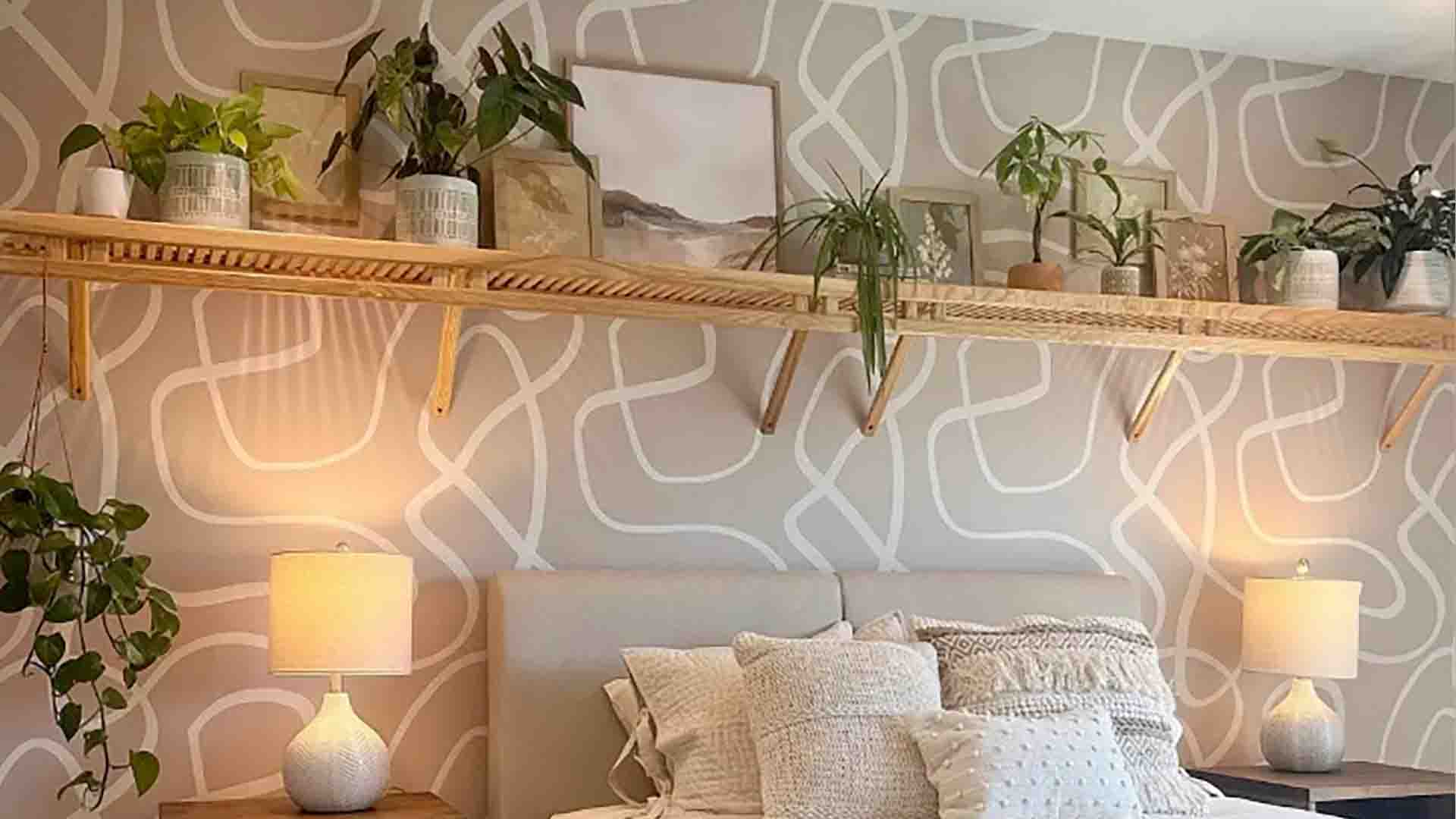 Mural wallpaper installation in a bedroom, Evergreen, Colorado