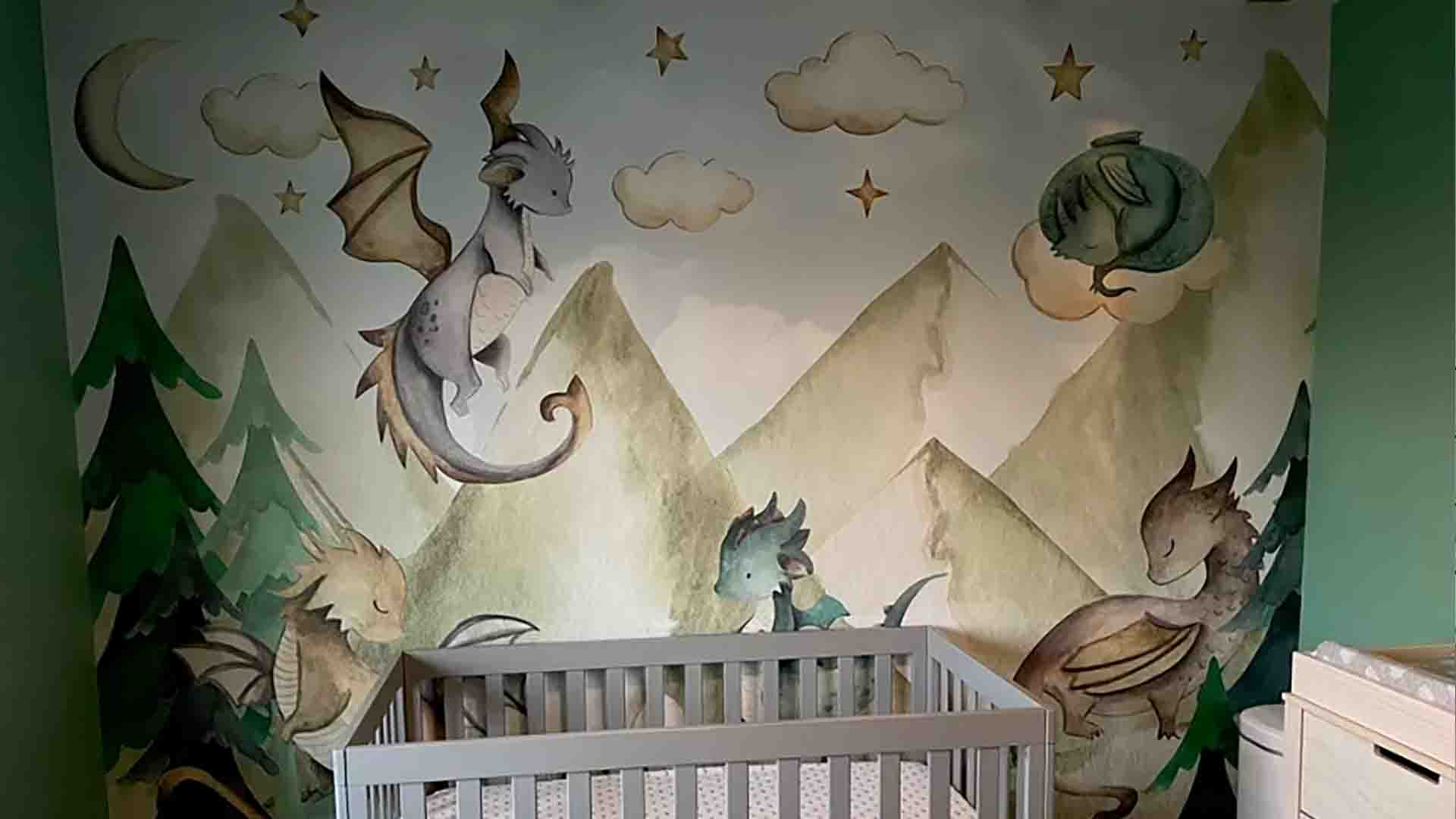 Mural wallpaper installation in a kids’ room, Morrison, Colorado
