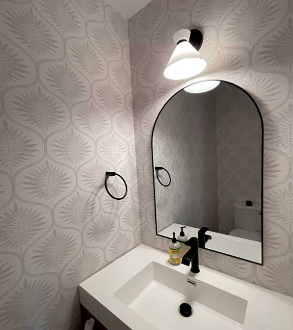 Non-woven wallpaper installation in a bathroom, Golden, Colorado