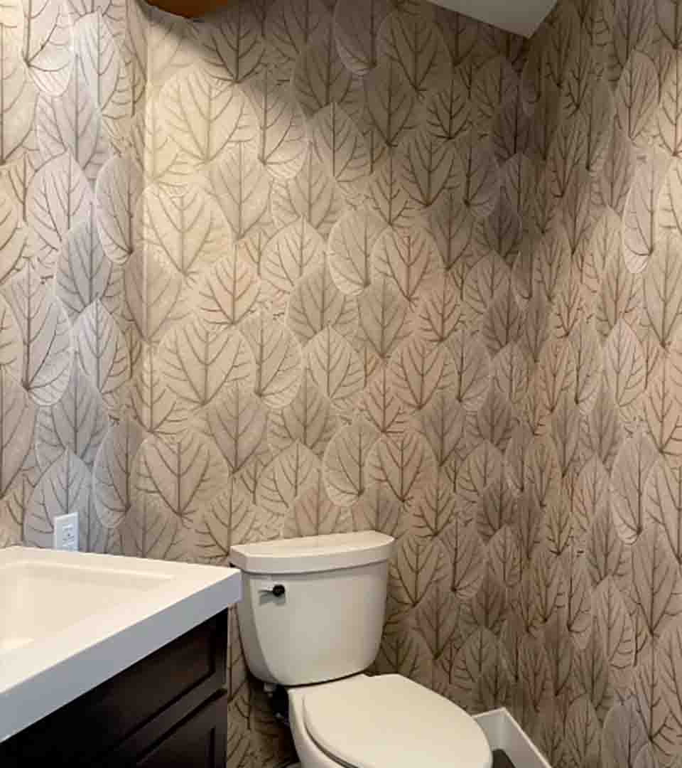 Refined vinyl wallpaper installation in a bathroom space, Superior, Colorado