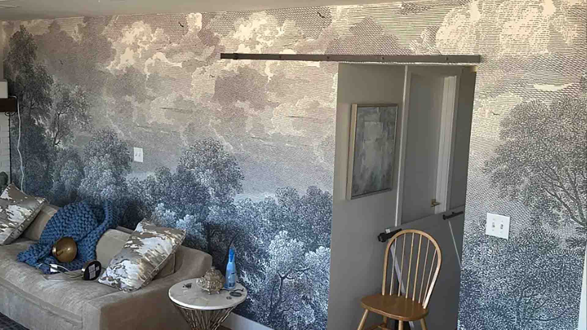 Textile wallpaper installation in a living room, Centennial, Colorado