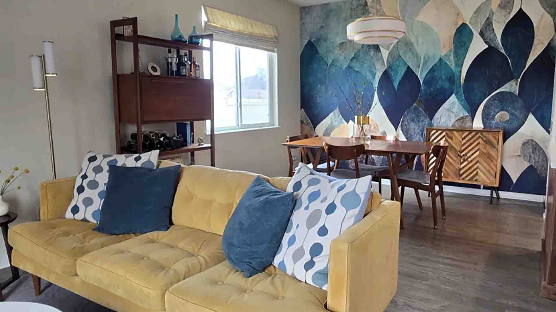 Wallpaper accent wall in a living room, Brighton, Colorado