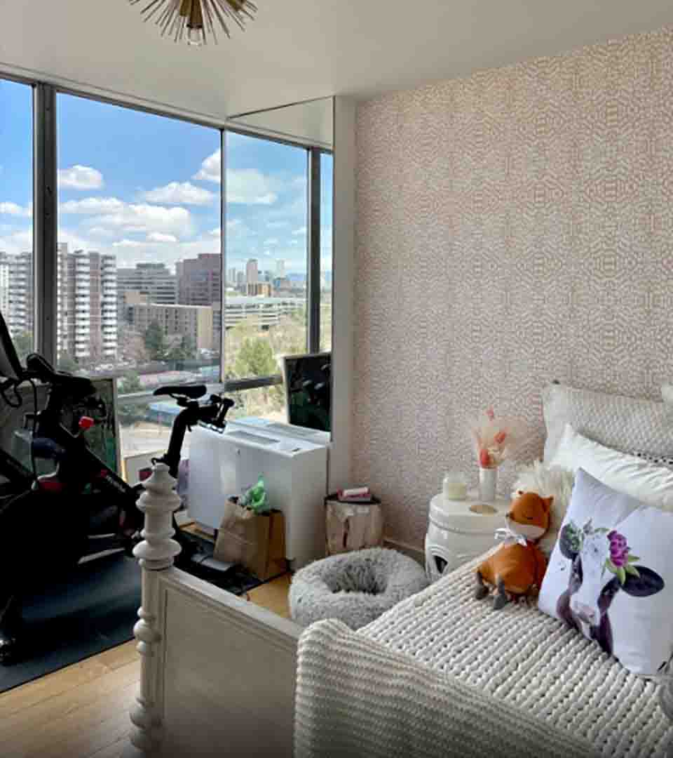 Wallpaper installation in a high-rise bedroom, Downtown Denver, Colorado